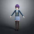 Anime Game Character With Purple Hair Blue Blazer Plaid Skirt And Black Stockings