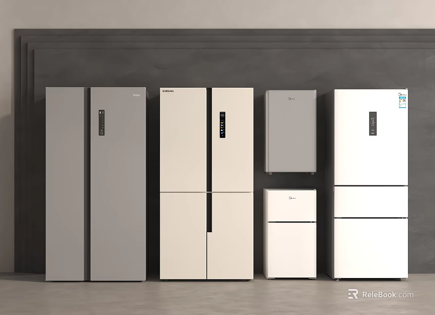 Various Modern Refrigerators Freezers with Multiple Styles and Neutral Colors on 3d model
