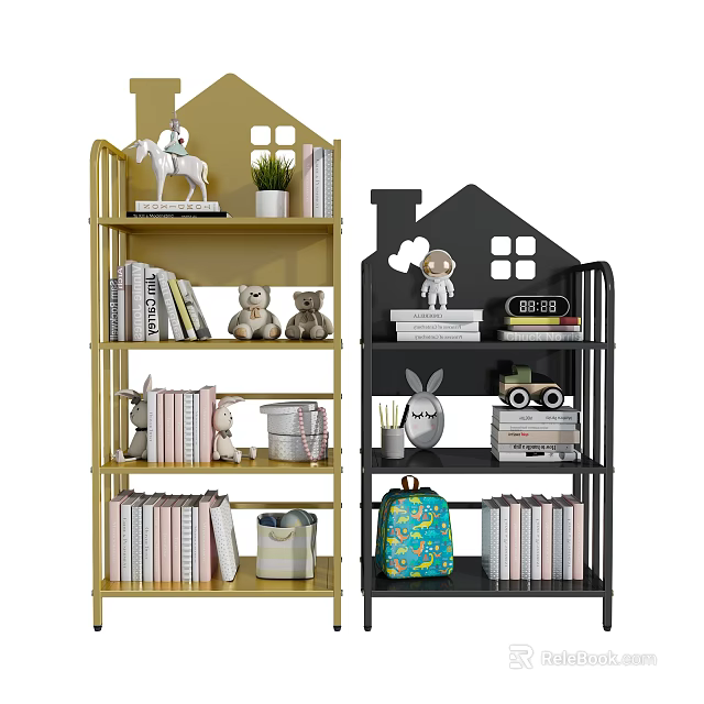House shaped Yellow and Black Shelves with Stuffed Toys Books Potted Plant and Backpack 3d model 