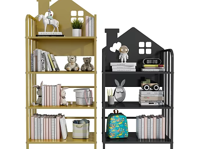 House shaped Yellow and Black Shelves with Stuffed Toys Books Potted Plant and Backpack 3d model