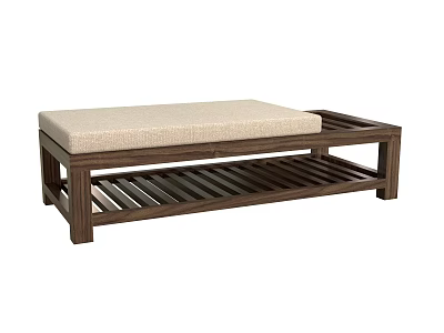 Stylish Wooden Ottoman With Beige Cushion And Slatted Frame Design 3d model
