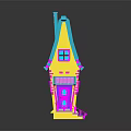 Colorful Cartoon Fairy Tale House With Yellow Walls Pink Roof Blue Windows And Purple Door