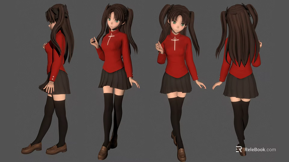 Anime Character With Twin Tails In Red Top Black Skirt And Stockings Multiple Angles View 3d model 