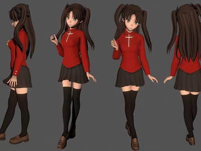 Anime Character With Twin Tails In Red Top Black Skirt And Stockings Multiple Angles View 3d model
