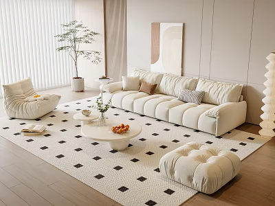 Modern Sofa Coffee Table Set with Plush Cushions Ottoman and Black White Checkered Rug 3d model