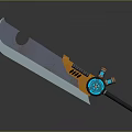 Mechanical Sword Design With Orange Handle Blue Glowing Element And Curved Blade