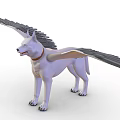 White Mythical Dog With Feathered Wings Pointed Ears And Collar In Standing Pose