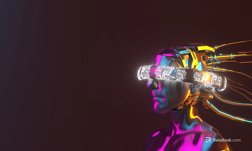 Cybernetic Cyborg Character With Mechanical Head Glowing Symbols And Neon Lights On Dark Background 3d model 
