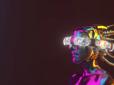 Cybernetic Cyborg Character With Mechanical Head Glowing Symbols And Neon Lights On Dark Background 3d model