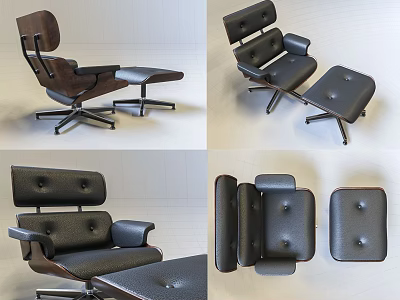 Modern Leisure Chair With Wooden Frame Black Leather Tufted Seat Metal Base And Ottoman 3d model