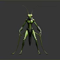 Anthropomorphic Praying Mantis 3D Character Model With Green Exoskeleton And Long Antennae