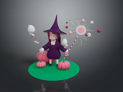 Witch In Purple Robe With Pointed Hat Holding Magic Wand And Pumpkins On Green Base 3d model