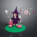 Witch In Purple Robe With Pointed Hat Holding Magic Wand And Pumpkins On Green Base
