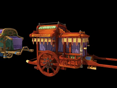 Two Vintage Wooden Horse Drawn Carriages With Red Roof And Decorative Curtains 3d model