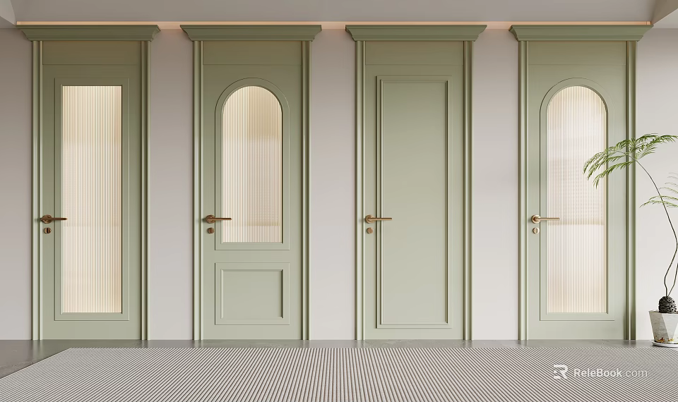 Four Modern Light Green Hinged Doors With Glass Panels And Brass Handles 3d model 