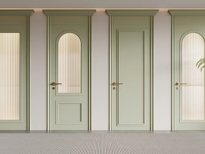 Four Modern Light Green Hinged Doors With Glass Panels And Brass Handles 3d model
