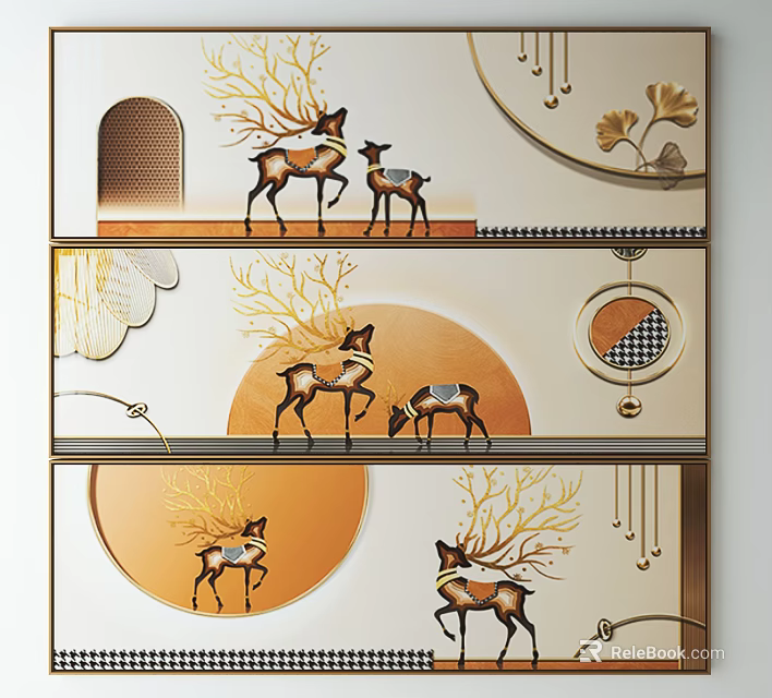 Artistic Wall Decor With Deer Golden Elements Circular Patterns And Ginkgo Leaves 3d model