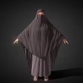 Woman in Black Abaya with Flowing Fabric and Outstretched Hands Against Dark Background