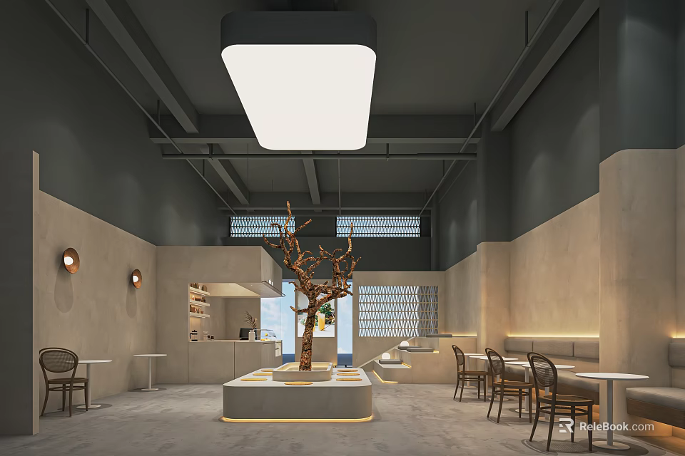 Modern Minimalist Café Interior Design With Gray Beige Walls Square Pendant Light And Tree Sculpture 3d model 