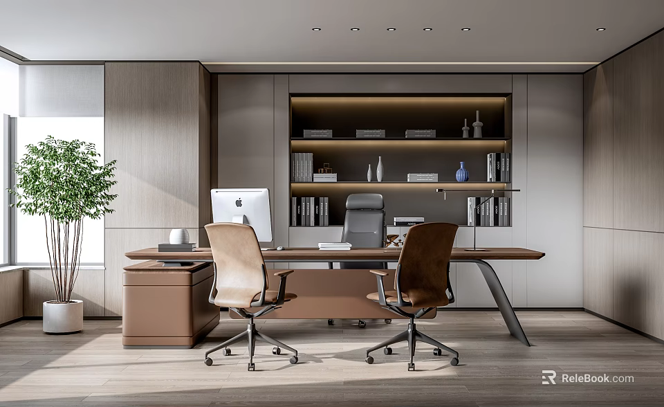 Modern Office Interior With Wooden Desk Two Chairs Computer Bookshelf And Potted Plant 3d model 