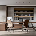 Modern Office Interior With Wooden Desk Two Chairs Computer Bookshelf And Potted Plant