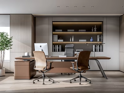 Modern Office Interior With Wooden Desk Two Chairs Computer Bookshelf And Potted Plant 3d model