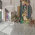 Elegant Open Restaurant With Arched Doors Pendant Lights Green Plants Geometric Floor Tiles Transparent Chairs