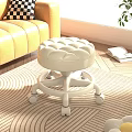 White Round Tufted Stool With Wheels On Striped Rug In Living Room