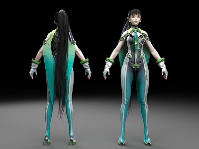 Female Character In Blue Green And Black Tight Costume With Long Ponytail Front Back View 3d model