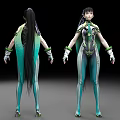 Female Character In Blue Green And Black Tight Costume With Long Ponytail Front Back View