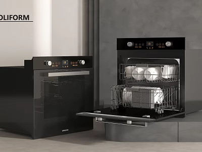 Black Kitchen Appliances Featuring Oven And Open Dishwasher With Dishes 3d model
