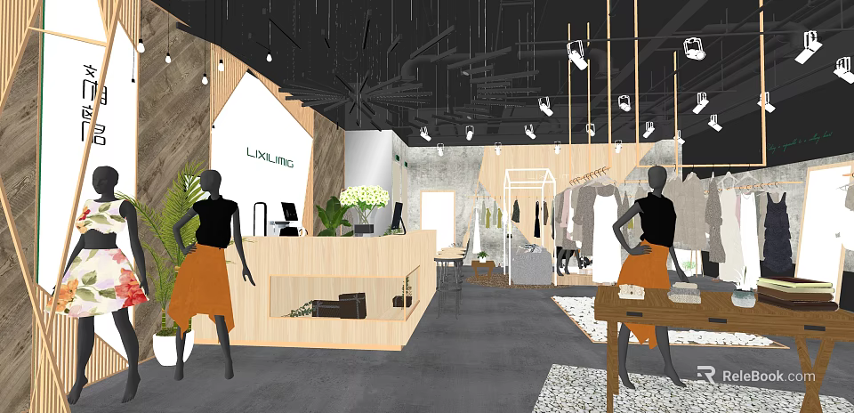 LINE ING Clothing Store Interior With Reception Desk Mannequins Clothes Racks Plants And Hanging Lights 3d model 
