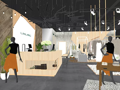 LINE ING Clothing Store Interior With Reception Desk Mannequins Clothes Racks Plants And Hanging Lights 3d model