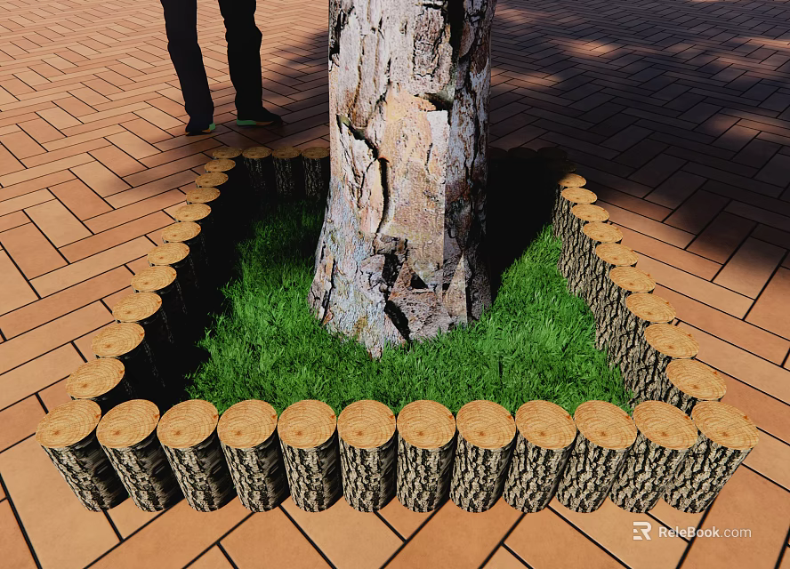 Outdoor Tree Trunk Flower Bed With Wooden Log Border Green Grass On Brick Pavement 3d model 