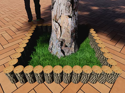 Outdoor Tree Trunk Flower Bed With Wooden Log Border Green Grass On Brick Pavement 3d model