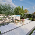 Overhead View Lush Courtyard Garden Landscape With Greenery Water Features Paved Paths And Seating Areas