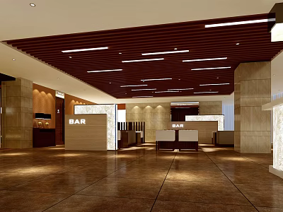 Modern Cinema Lobby Interior With Wooden Ceiling Marble Counters And BAR Area 3d model