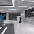 Modern Car Showroom With Glass Facade Bar Counter And Car