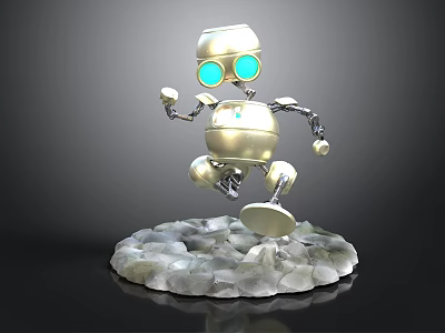 Golden Robot Character With Blue Glowing Eyes On Stone Base In Dynamic Motion Pose 3d model