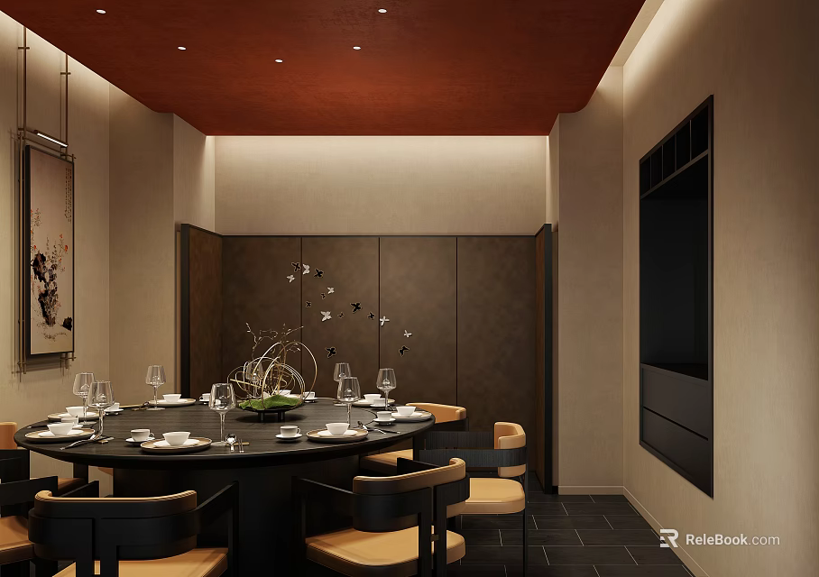 Elegant Private Dining Room With Round Dining Table Chairs Tableware Red Ceiling And Decorative Plants 3d model