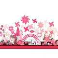 Pink Themed Decorative Scene With Pinwheels Flowers Lollipops Hearts Castle Rainbow And DAYS Letters