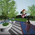 Scenic Park Landscape With Girl Holding Pink Balloons Green Trees White Seats And Colorful Paths