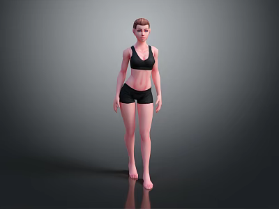 Woman in Black Sports Bra and Black Shorts Standing Barefoot on Dark Background 3d model