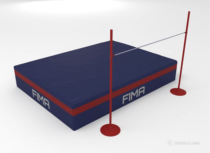 Durable Sports Equipment with Blue Mat Red Poles Crossbar and FIMA Logo 3d model