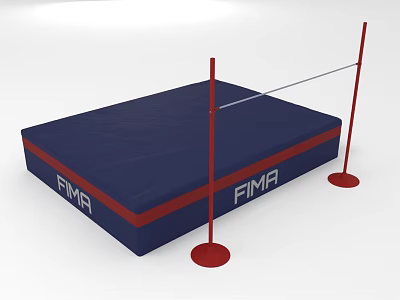 Durable Sports Equipment with Blue Mat Red Poles Crossbar and FIMA Logo 3d model