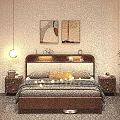 Cozy Bedroom Interior With Wooden Headboard Pillows Checkered Blanket String Lights Nightstands Paintings Green Plant