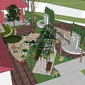 Garden Landscape Design With Red Roof Building Wooden Deck Green Plants And Playground Elements