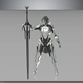 Sci Fi Biomechanical Character In Silver Green Armor Holding Futuristic Polearm Weapon