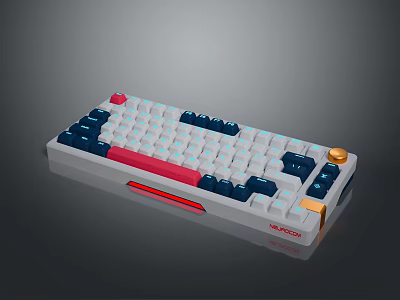 Redragon Mechanical Keyboard With White Blue Red Keycaps And Yellow Knob Design 3d model