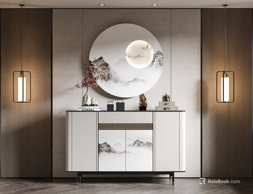Chinese Entryway Console Table With White Landscape Pattern Round Mirror Decor Items And Pendant Lights 3d model